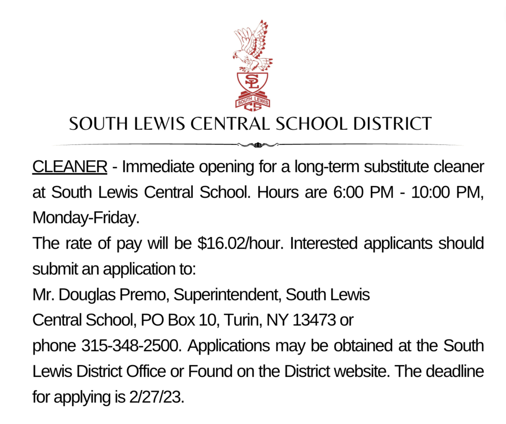 Immediate opening for a long-term substitute cleaner at South Lewis Central School